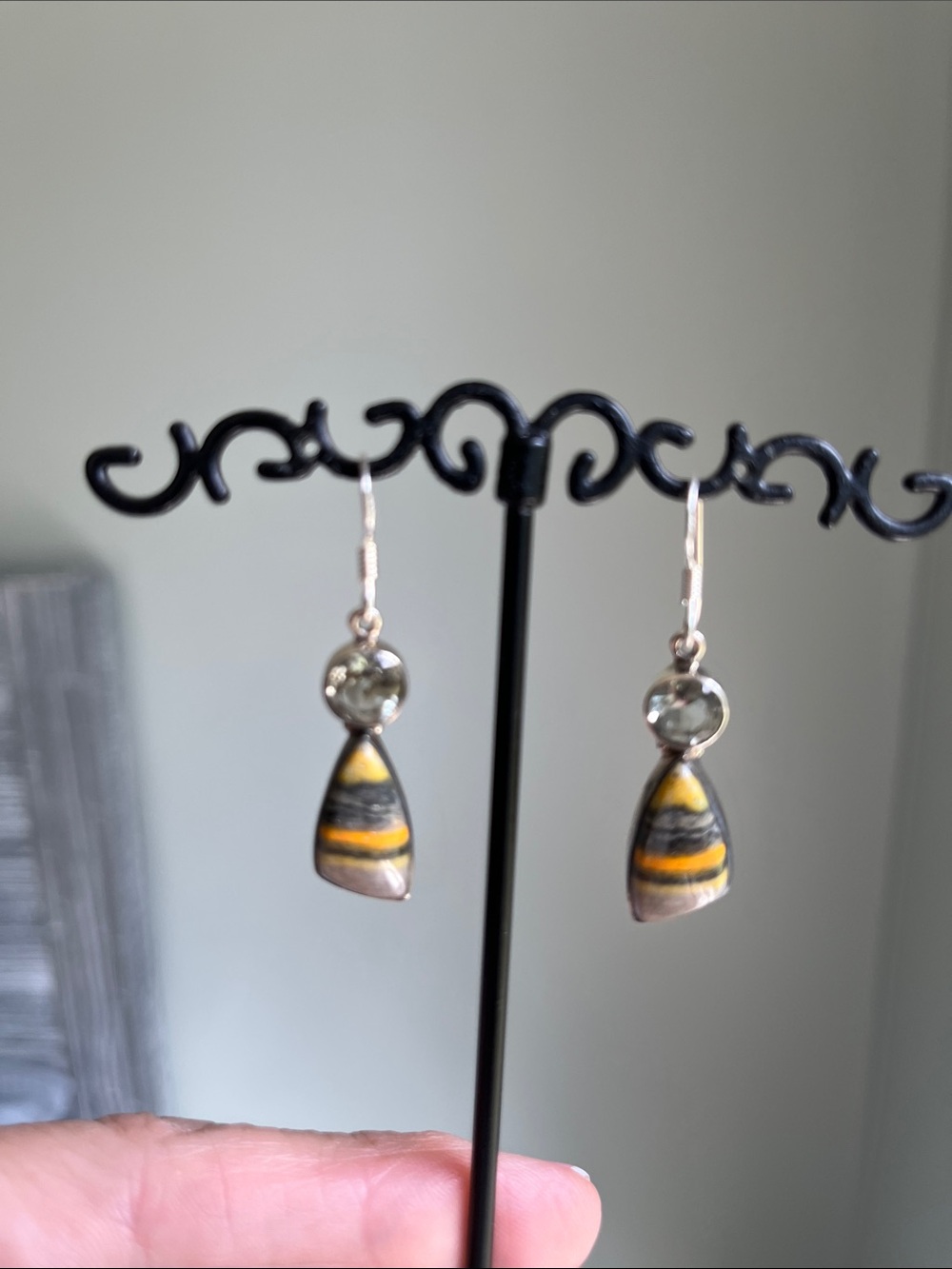 Bumblebee Jasper Green Amethyst Drop Earrings